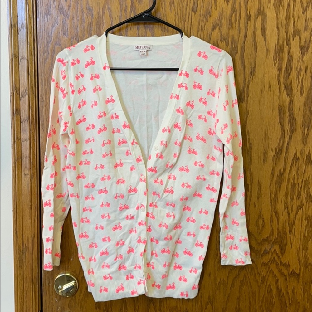 Merona cream cardigan with neon pink bicycle print